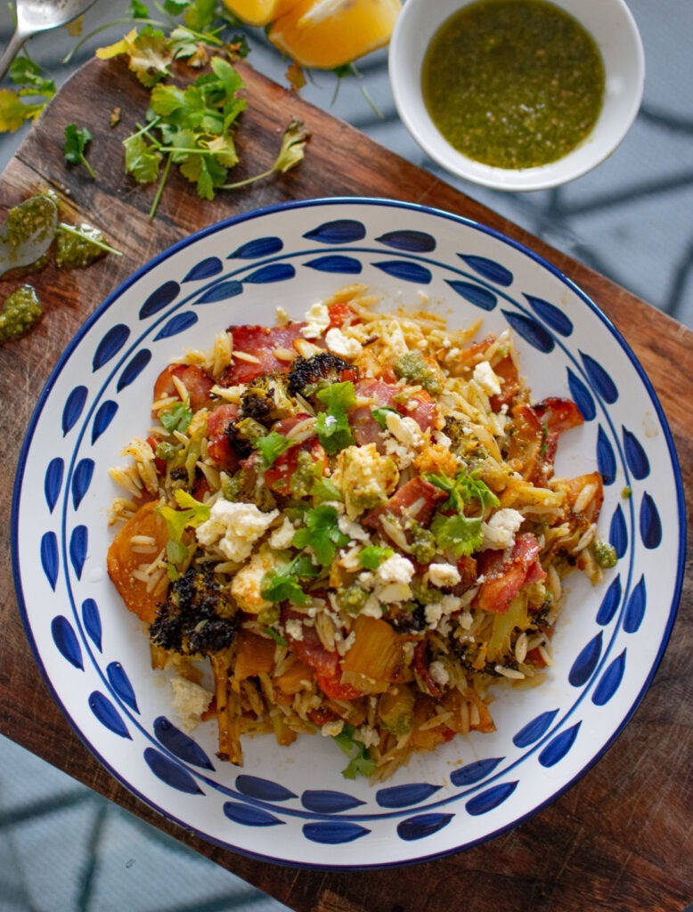 Orzo pasta with roast veg bacon avocado feta
