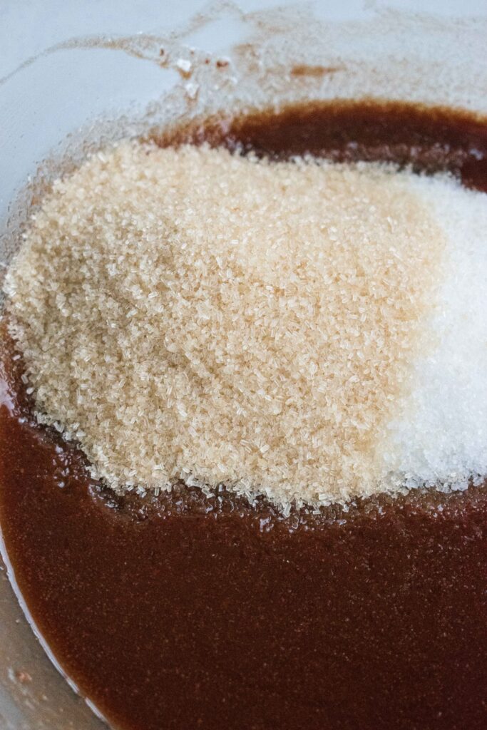 Cocoa Sugar eggs and butter mixture for the Peanut Butter and Jam Brownies