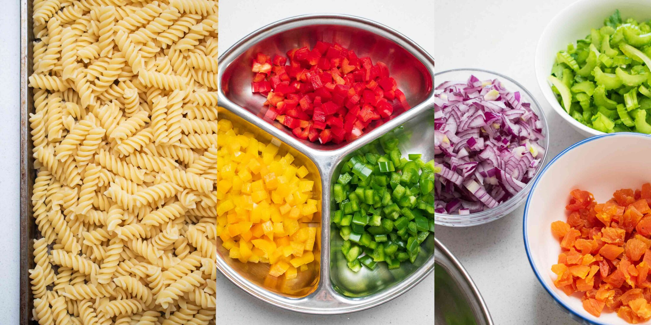 A collage of noodles yellow red and green peppers diced and onions celery and carrots