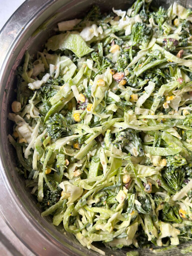 Coleslaw in a stainless steel bowl