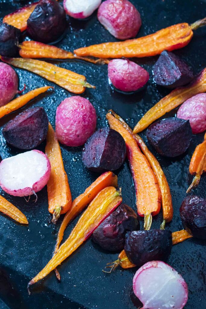roasted root vegetables in a pan 